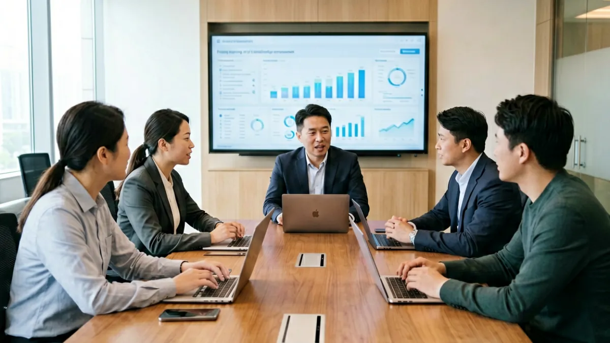 果冻传媒-进入首页头条：编辑团队在会议室里讨论本周最受关注的内容选题，桌上摆着数据看板